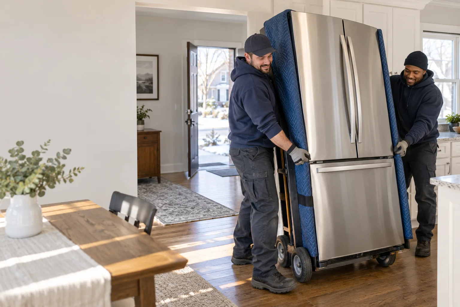 Professional crew moving a refrigerator from a bright home