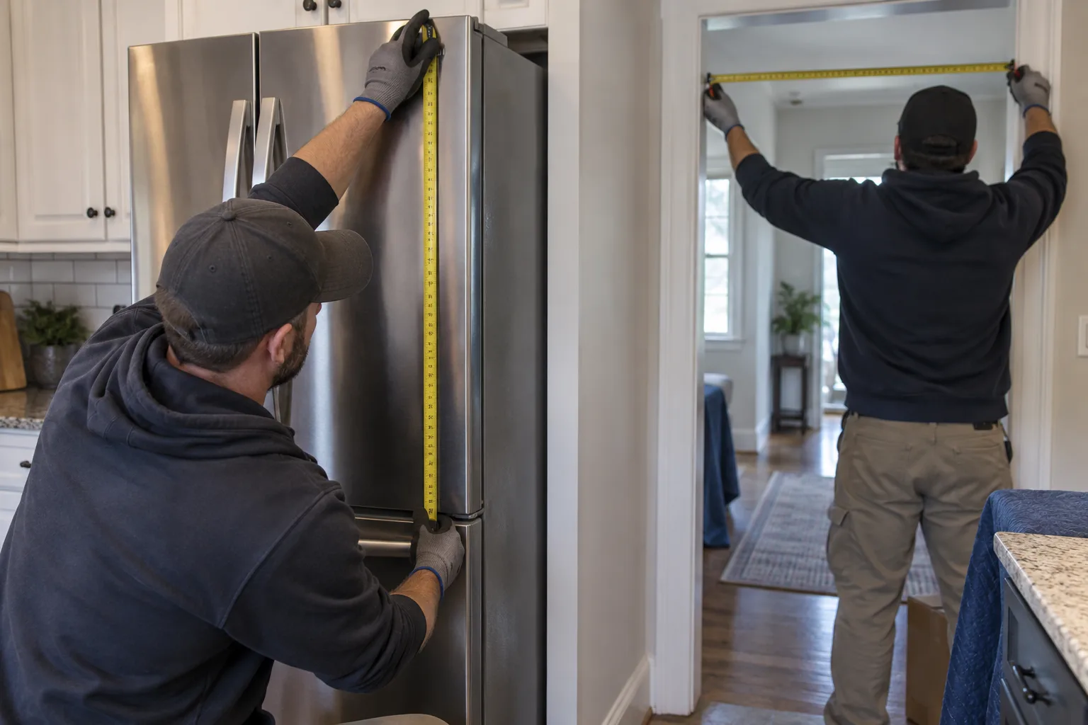 Worker measuring a refrigerator and doorway before removal